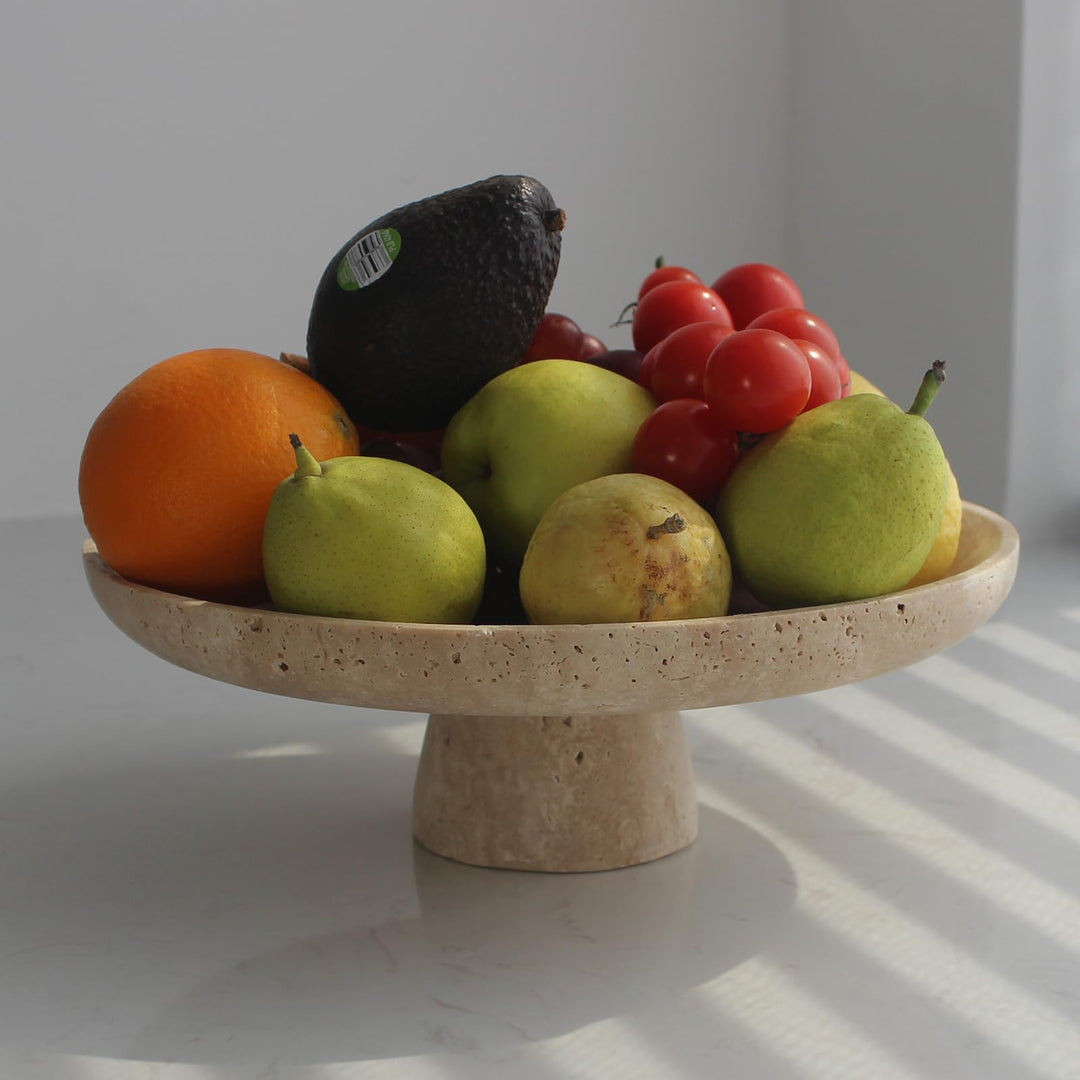 Natürliche Travertin-Obstschale für Küchentheke, 25,9 cm, grosse dekorative Schale, Sockel für Heimd