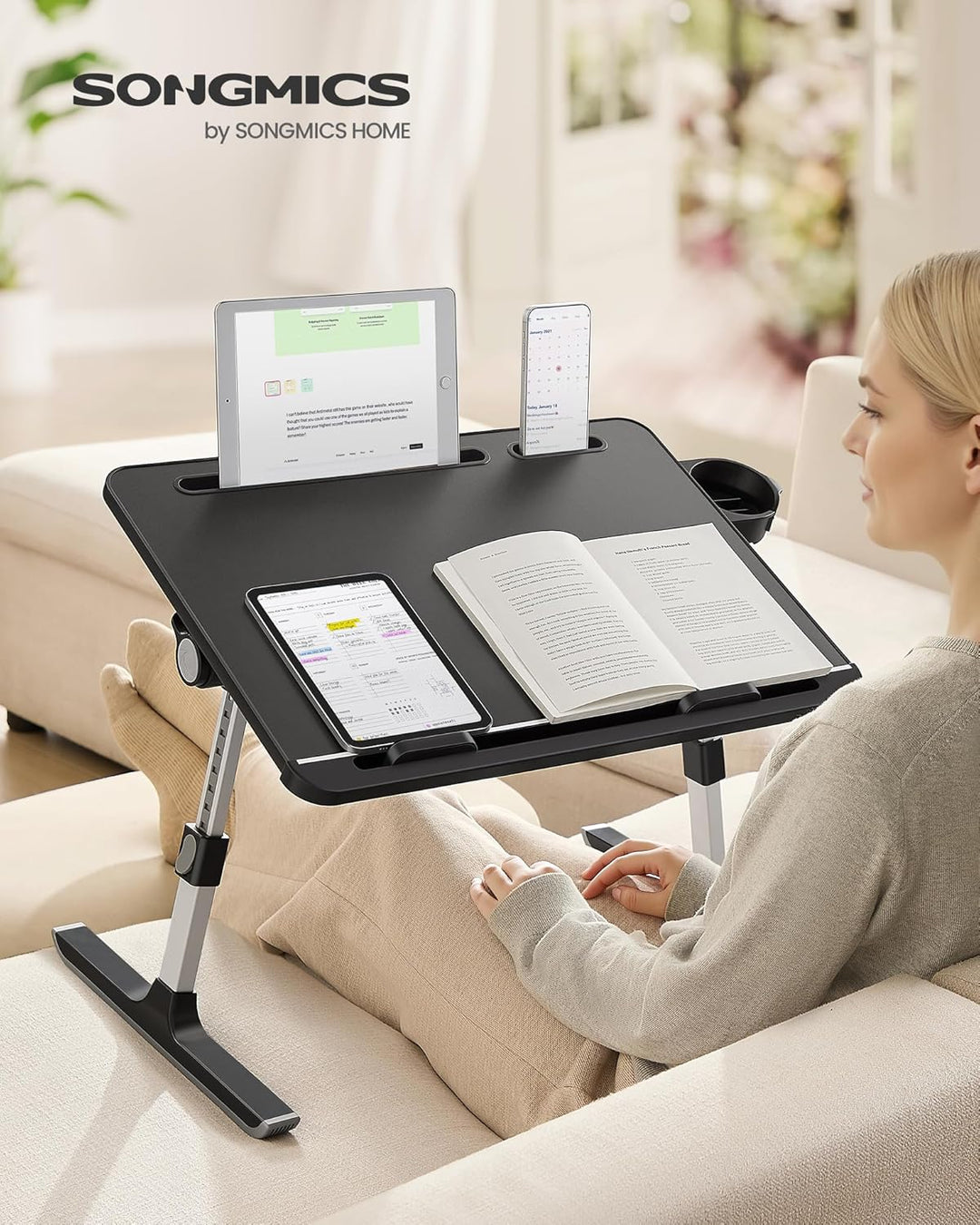 SONGMICS Laptoptisch, Betttisch, Laptopständer, 56 x 40 cm grosse Tischplatte, 120° stufenlos verste