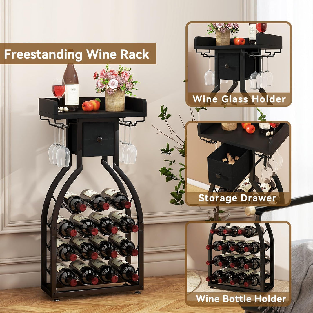 IBUYKE Weinregal Freistehend für 15 Flaschen,Flaschenregal mit Glashaltern und Speicher Schublade,Mi