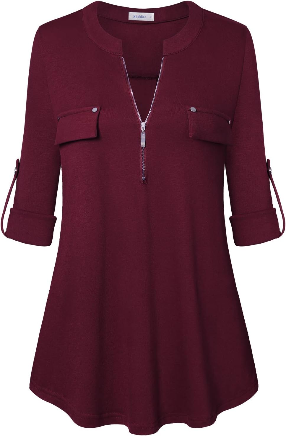 Siddhe Damen V-Ausschnitt Bluse 3/4 Ärmel Tunika Reissverschluss Langshirt Langarm Hemd Tops T-Shirt