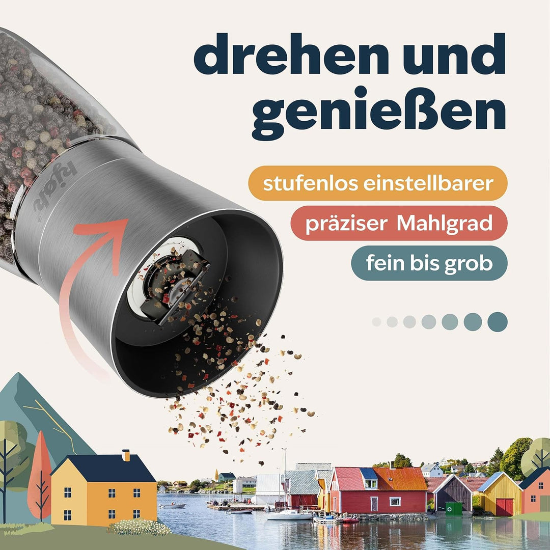 kjøk Premium Salz- und Pfeffermühle 2er-Set aus Edelstahl &amp; Glas – verstellbares Keramikmahlwerk fei