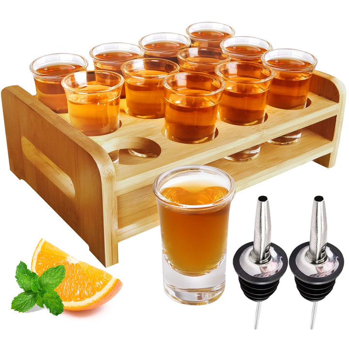 Schnapsglas-Set Mit Tablett - 12 Stück 30ml Gläser, Brett, Halter - Gerade, Dicke Basis, Klares Glas