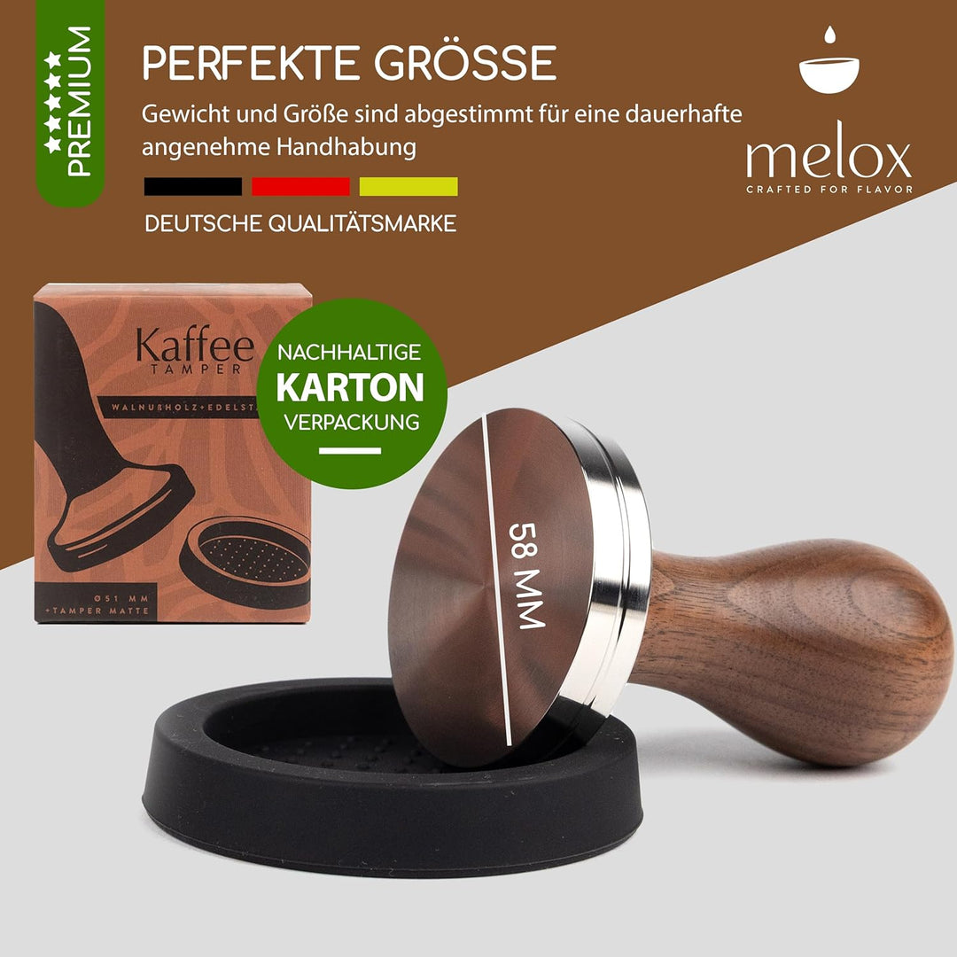 MELOX® - Premium Barista Tamper 58mm aus Edelstahl & Walnussholz (Klassisch) - Kaffee-Stampfer & Kaf
