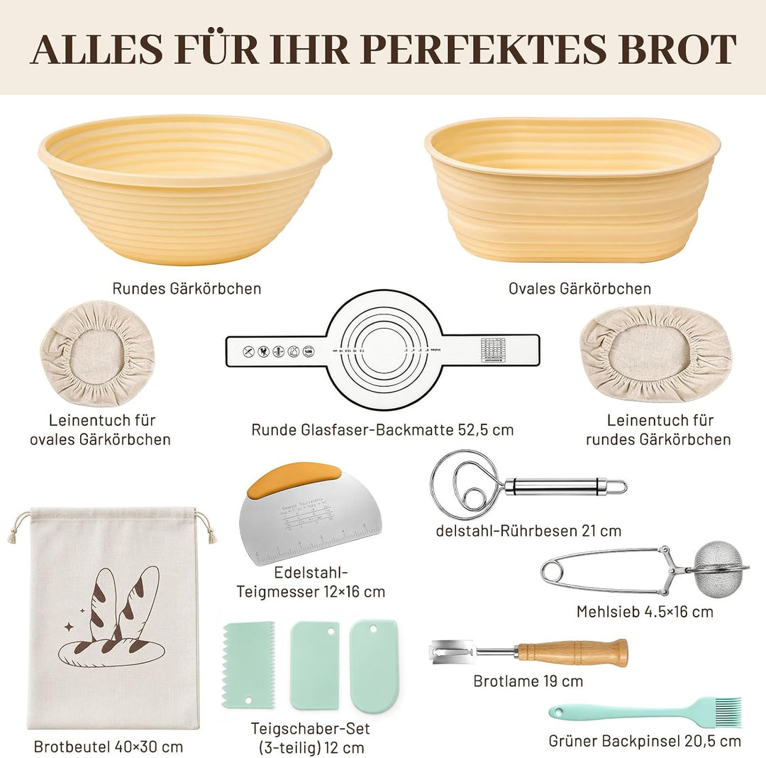 Dhapy Sauerteig Starter Set 12-tlg faltbares Silikon-Gärkörbchen | Brotbackset für Anfänger: rund 23