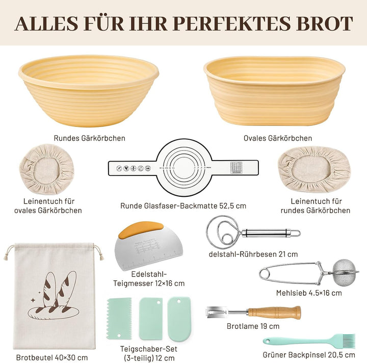 Dhapy Sauerteig Starter Set 12-tlg faltbares Silikon-Gärkörbchen | Brotbackset für Anfänger: rund 23