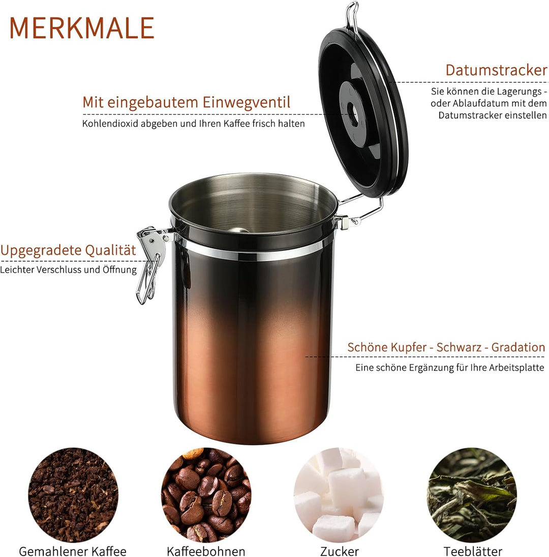 900 ml luftdichter Edelstahl-Kaffeedose (250–500 g), Kaffeebehälter mit Datums-Tracker-Deckel Kupfer