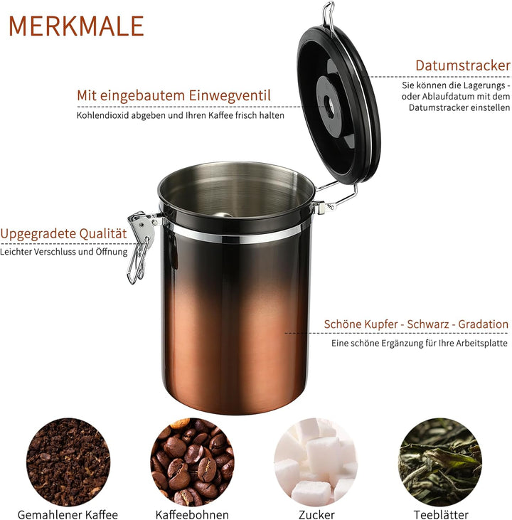 1800 ml luftdichter Edelstahl-Kaffeedose (700–1000g), Kaffeebehälter mit Datums-Tracker-Deckel Kupfe