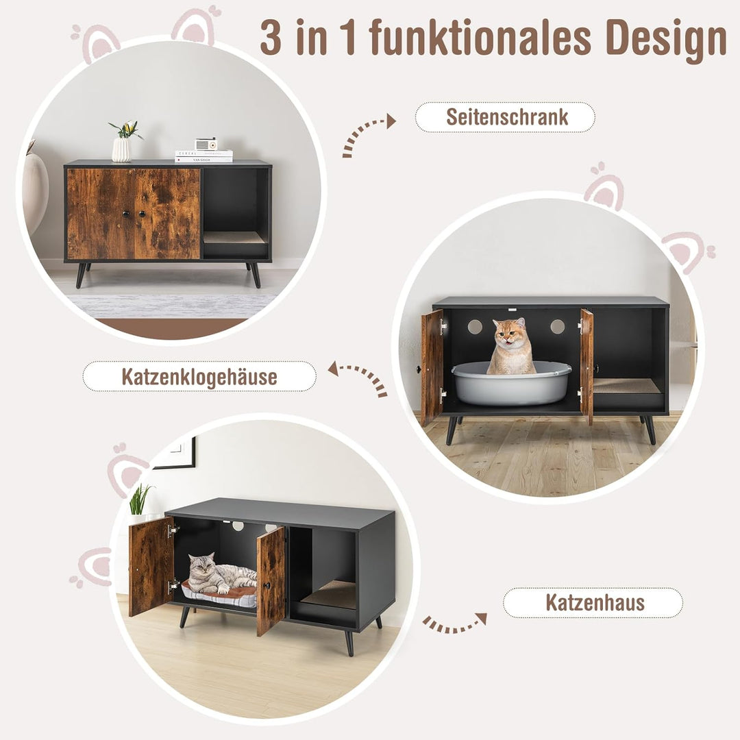 COSTWAY Katzenschrank für Katzentoilette, 2 in 1 Beistelltisch Katzenhaus, Katzenklo Schrank mit Kra
