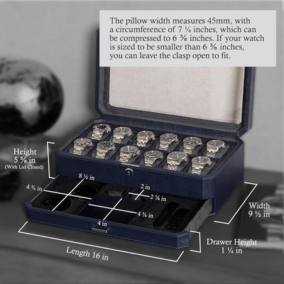 ROTHWELL 12 Slot Leather Watch Box with Valet Drawer - 12 Slot Luxury Watch Case Display Organizer,