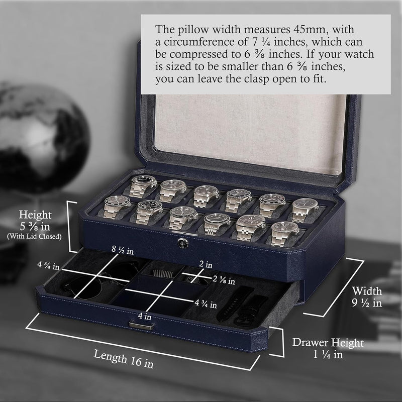 ROTHWELL 12 Slot Leather Watch Box with Valet Drawer - 12 Slot Luxury Watch Case Display Organizer,