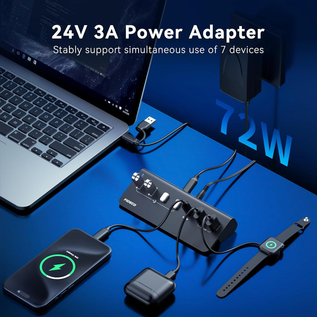 FIDECO 7-Ports 72W USB Hub mit Netzteil, USB Hub Aktiv mit 1 PD 45W, 2 QC 3.0 Charging Port und 4 US