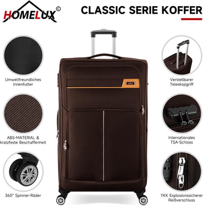 HOMELUX Kofferset 4 Teilig Kaffee Stoffkoffer Reisekoffer Leicht Koffer Trolley Rollkoffer Set-S-M-L