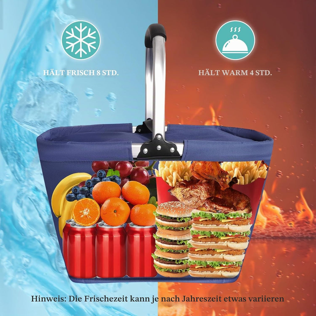Einkaufskorb Kühltasche 35L, Einkaufskorb Faltbar mit Aluminium Griff, Grosse Isolierter Picknickkor