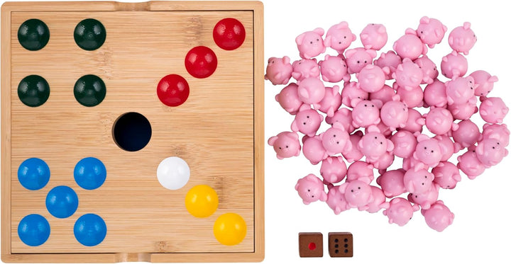 Engelhart Schweinchen Spiel Würfelspiel mit grossen 2 cm Silikon-Schweinchen – Ferkelspiel in Holzbo