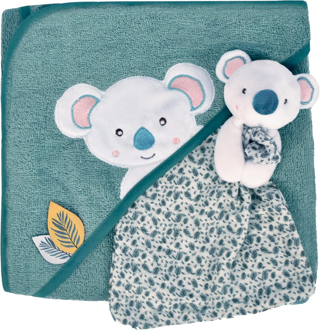 Doudou et Compagnie - Badeumhang für Babys, Kuscheltier Koala, Blau, Grün, 80 x 80 cm, Yoca Le Koala