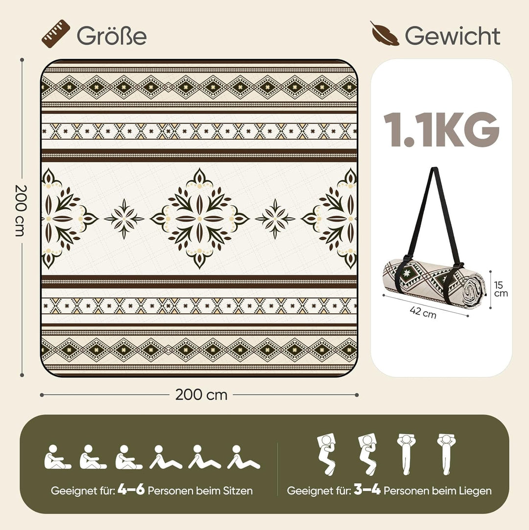 Sekey Boho Picknickdecke Wasserdicht 200x200 cm, Stranddecke Sandfrei | Gepolstert, Dreischichtige S