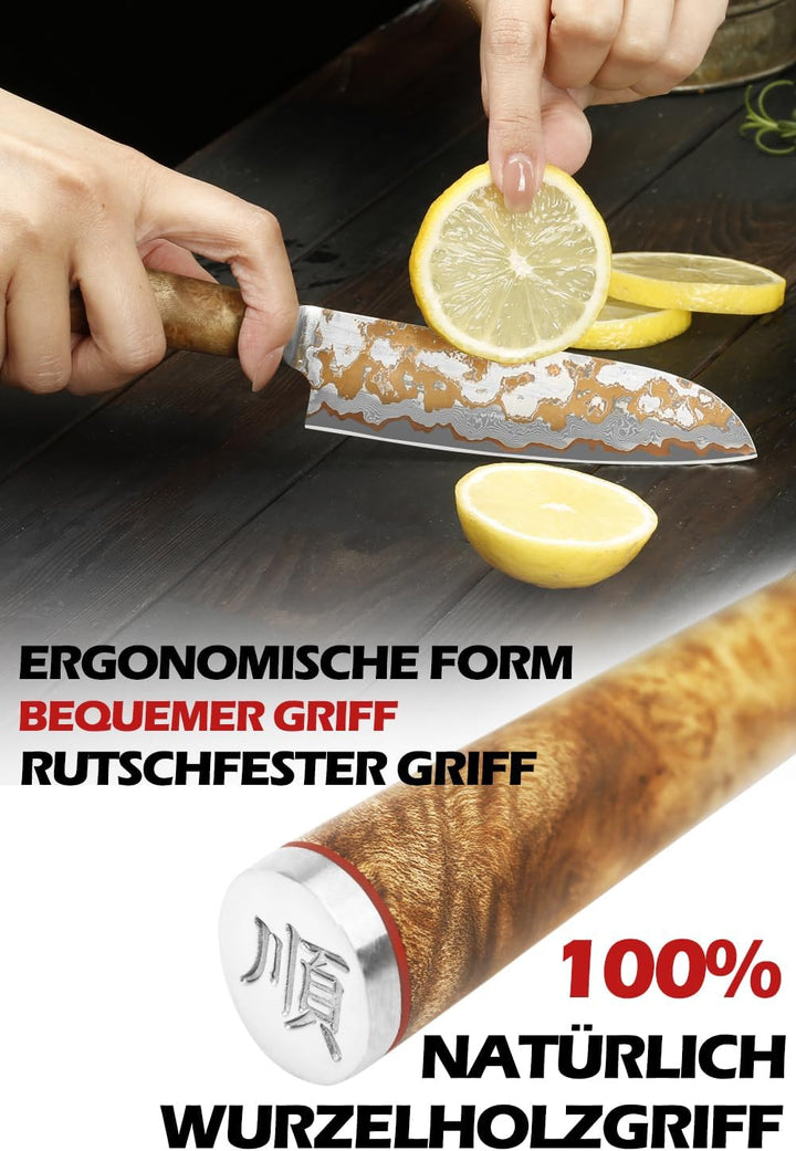 YOUSUNLONG Santoku-Messer 120mm - Handgefertigtes Japanisches Kochmesser mit KupferDamaszener Stahlk