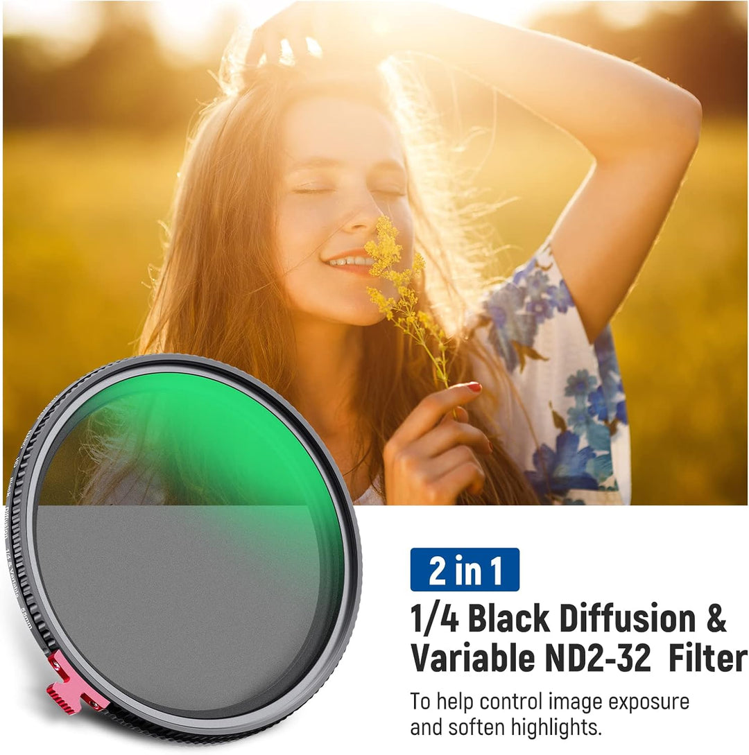NEEWER 2 in 1 55mm Black Diffusion 1/4 Effekt mit ND2-ND32 Variable ND Filter kein X Kreuz Graufilte
