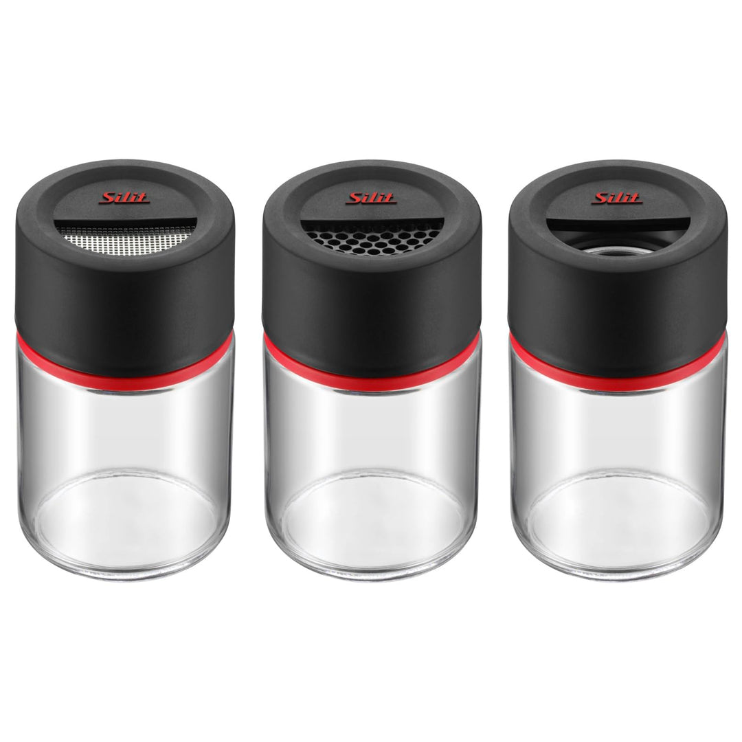 Silit Storio Gewürzstreuer-Set 3-teilig, Feinstreuer Grobstreuer Gewürzglas Glas, Kunststoff, spülma