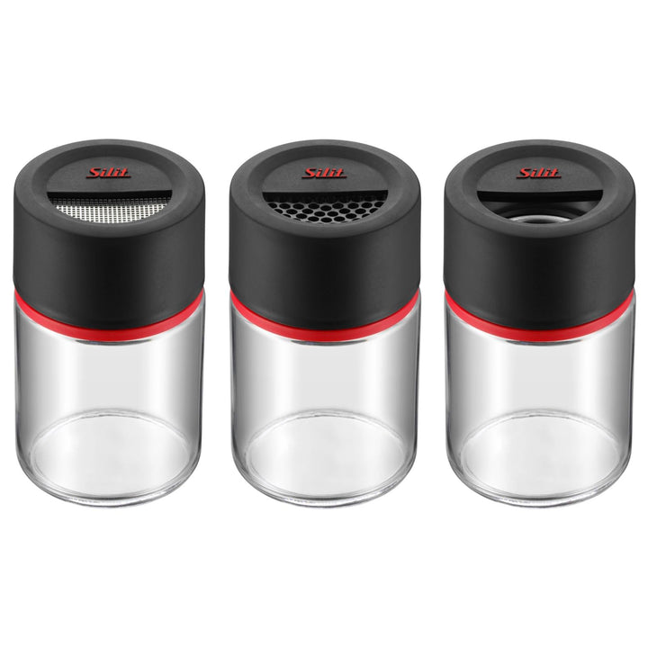 Silit Storio Gewürzstreuer-Set 3-teilig, Feinstreuer Grobstreuer Gewürzglas Glas, Kunststoff, spülma