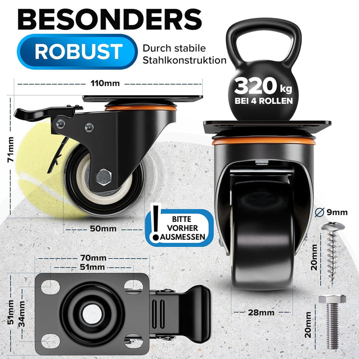 PEARWAY™ Premium Lenkrollen 50mm mit Bremse [4x gesamt 320kg] inkl. Montagezubehör I Robuste Transpo