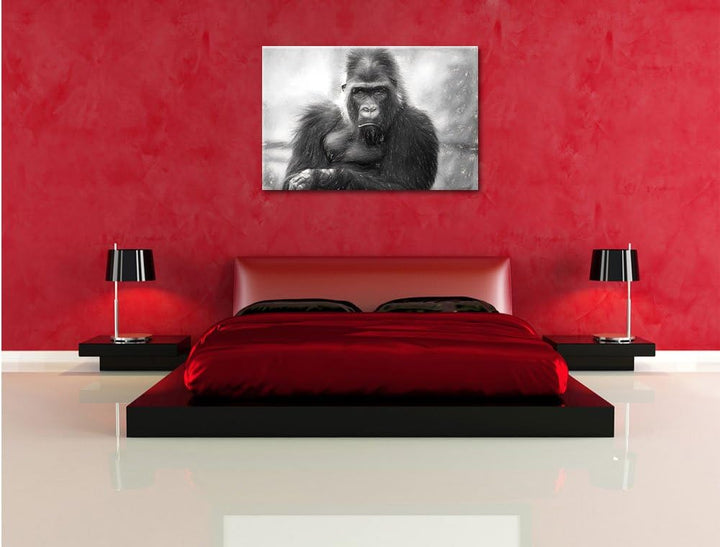 Pixxprint gelangweilter Gorilla Kunst Kohle Effekt, Format: 100x70 auf Leinwand, 100x70
