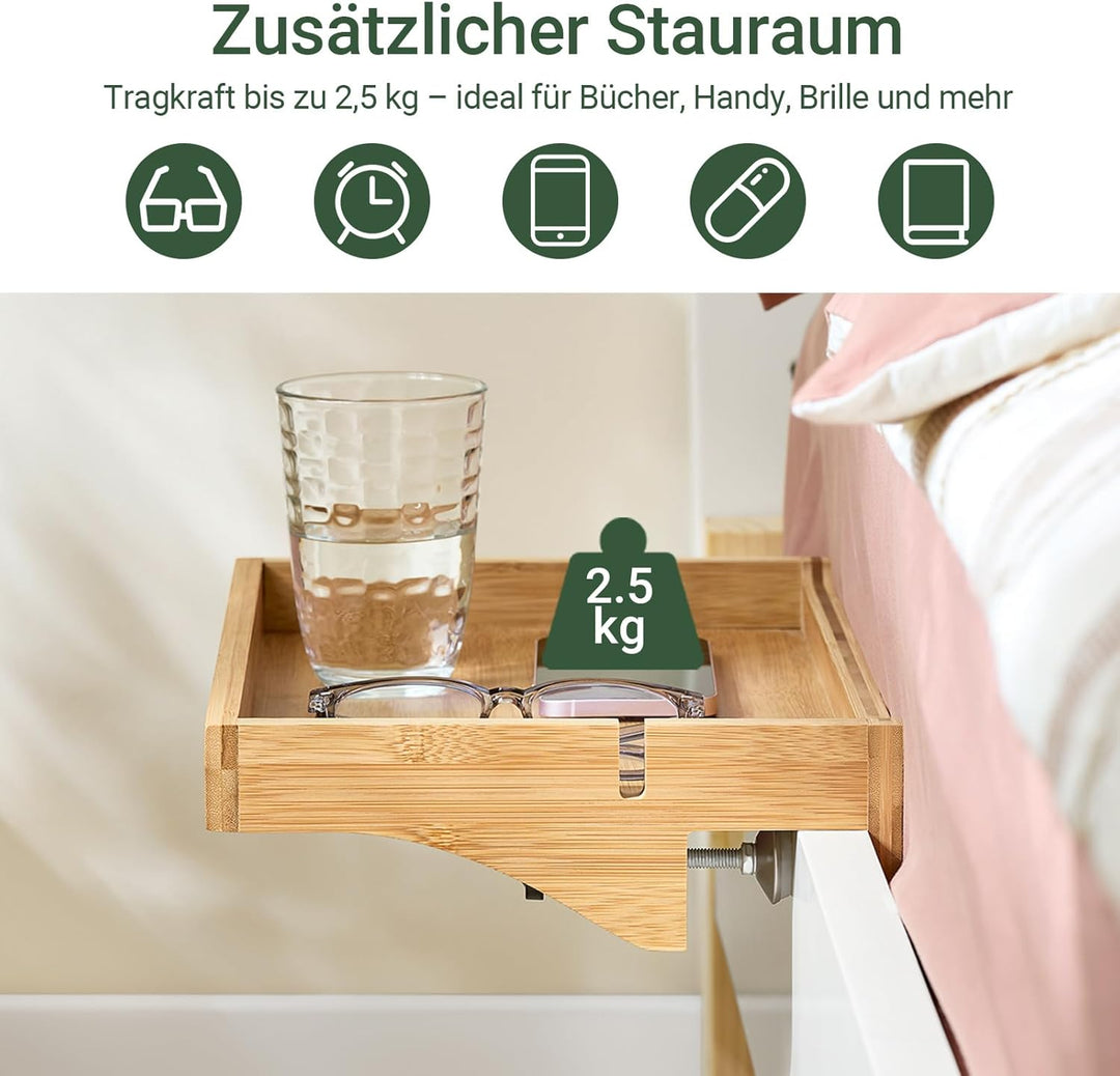 SoBuy Bettablage mit Kabelführung Nachttisch Regal für Mobiltelefon, Fernbedienung aus Bambus klemmb