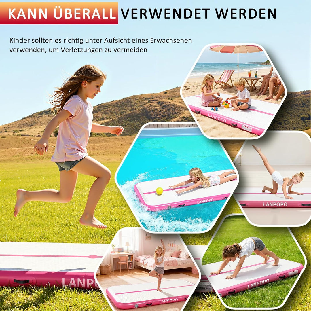 Airtrack Gymnastikmatte – Aufblasbare Turnmatte 2M/3M/4M/5M in Pink, Luftdicht, Weich aber Stabil, E