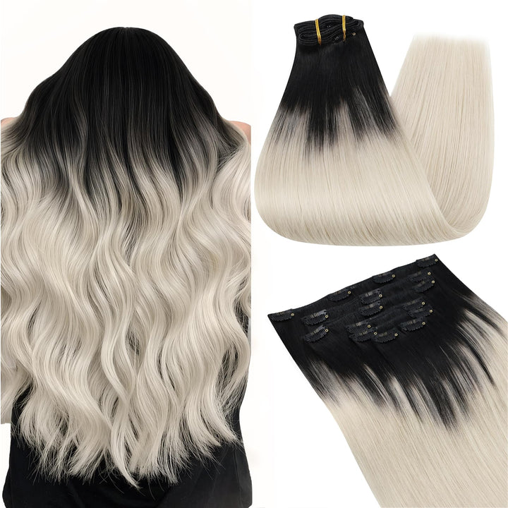 Ugeat Echtes Haar Haarverlängerungen 40cm Schwarz mit Aschblond bis Platinblond 1B/18/60 7Stücke Haa