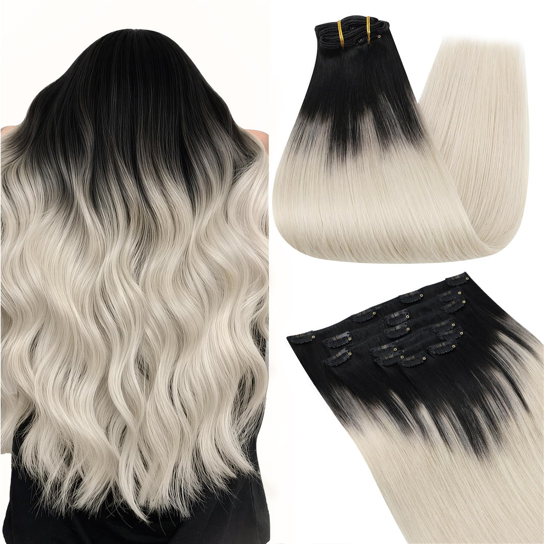 Ugeat Clip in Extensions Schwarz Blond Haarextension Echthaar Clips 55cm Schwarz bis Aschblond mit P