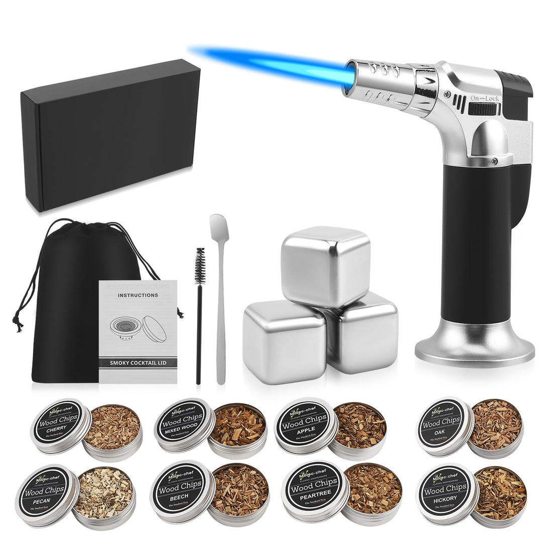 Whisky Smoker Set, whiskey smoker, 8 Holzchips, 3 Edelstahl-Whiskysteinen, Bar Zubehör, Geschenk für
