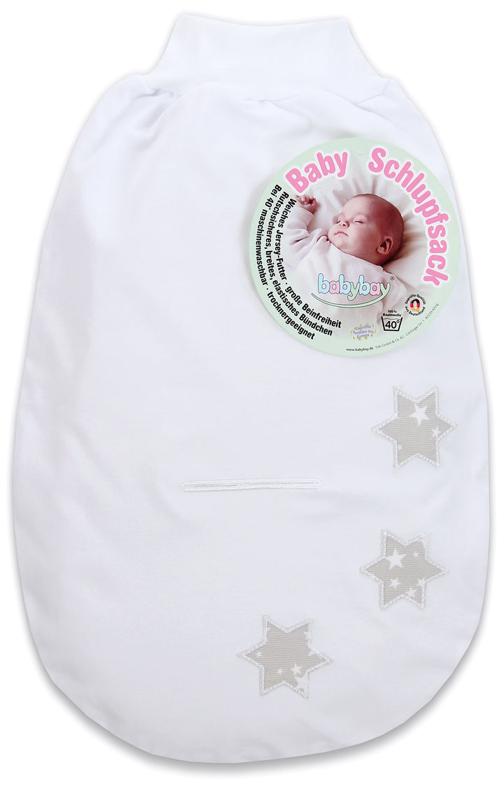 babybay Schlupfsack Organic Cotton mit Gurtschlitz, weiss Applikation kleine Sterne perlgrau Sterne