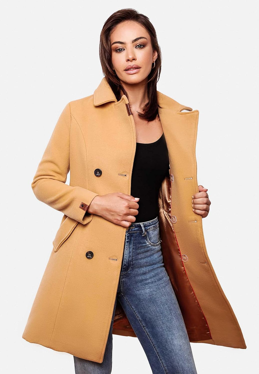 MARIKOO Damen Wollmantel Langer Trenchcoat mit Reversekragen Nanakoo XS-XXL M Braun, M Braun