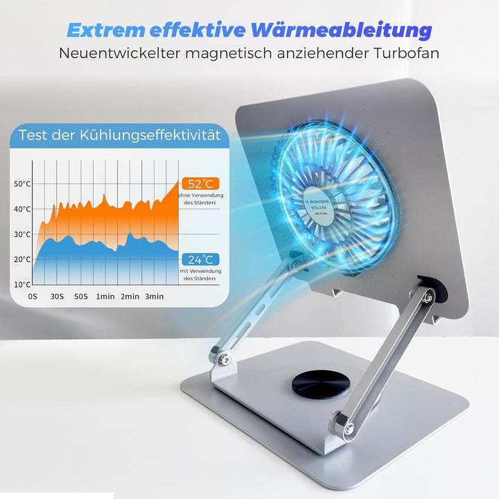 Laptop Ständer aus Aluminium, 360° Drehbar, Faltbar, mit Magnetischem Lüfter für Kühlung, Kompatibel