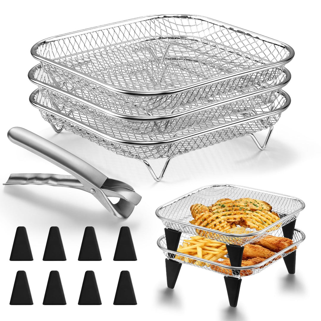 Homikit Heissluftfritteuse Zubehör, 3 Lagiges Stapelbar Edelstahl Grillrost Airfryer Zubehör mit 8 S