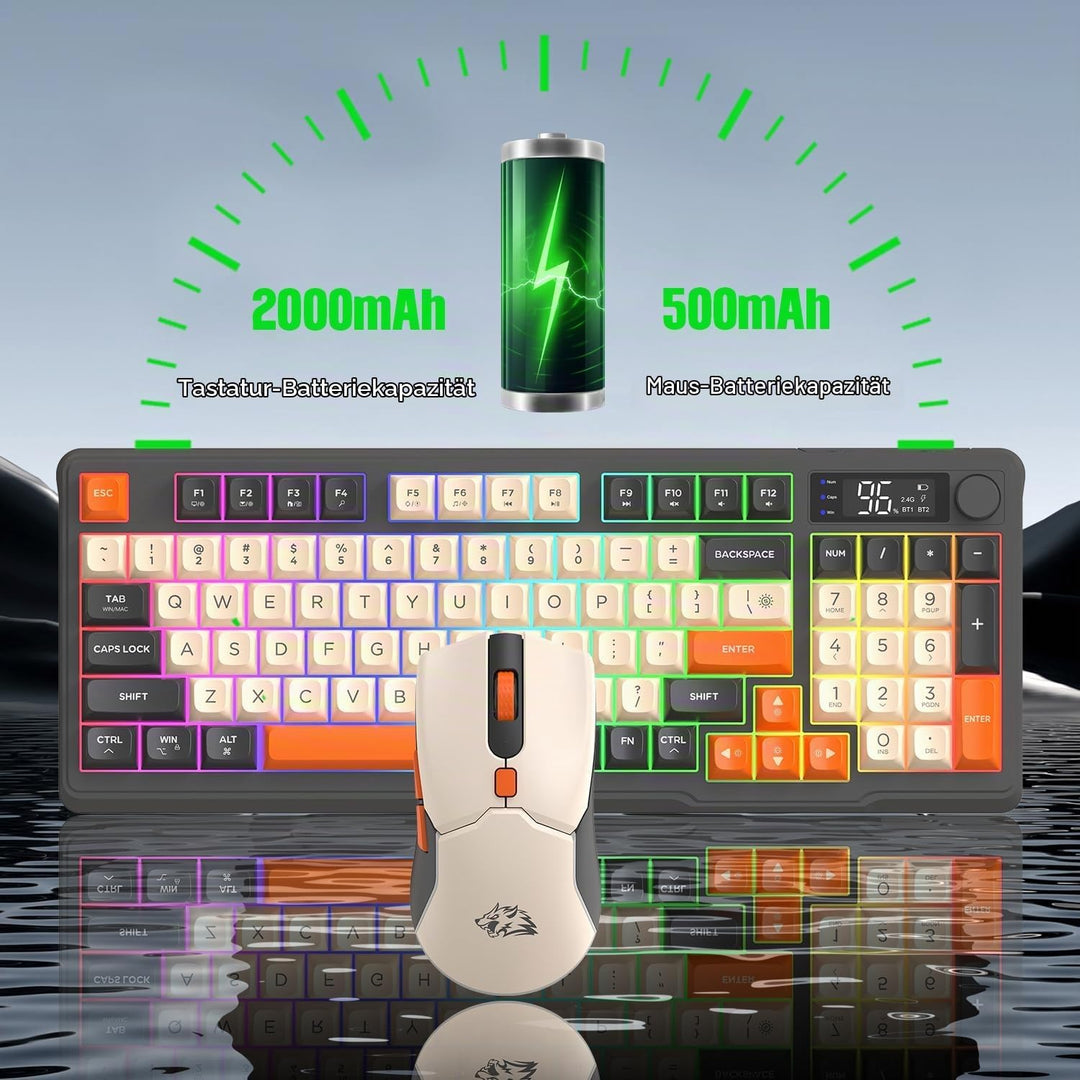 ZIYOU LANG×FREEWOLF T96 Kabelloses Gaming-Tastatur- und Maus-Set, BT/2,4 GHz, Smart Display und Knop