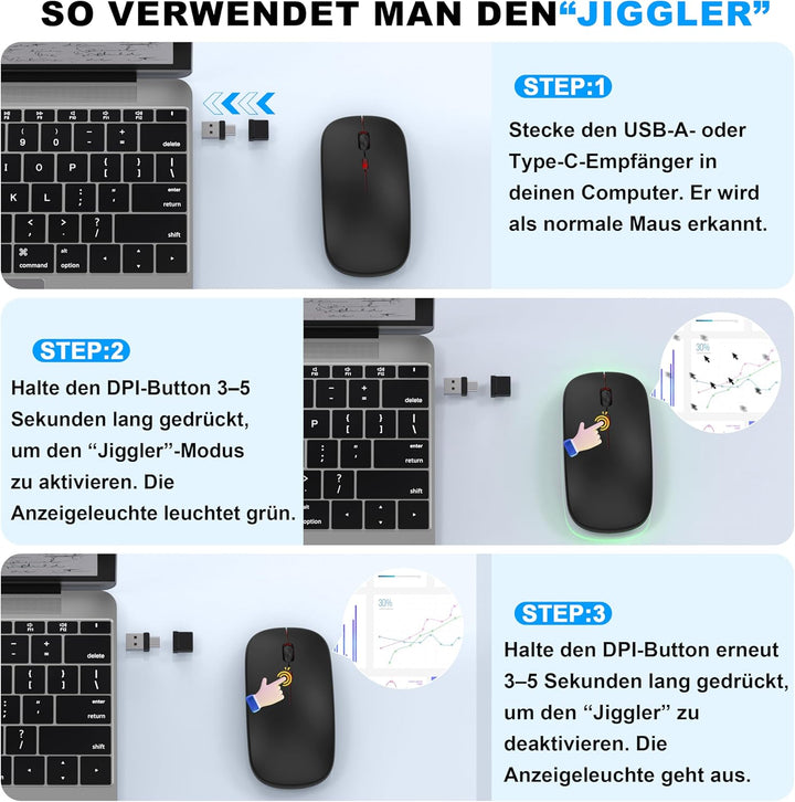 Azmall Kabellose Maus mit Jiggler-Modus – Bluetooth 5.2 & 2.4G Funk, für Laptop, PC, iOS, Android, i