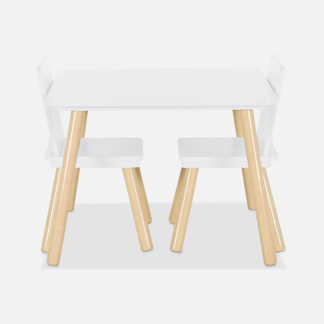 sweeek - Quadratischer Kindertisch mit 2 Stühlen, Beine aus Kiefernholz - Judith Weiss, Weiss