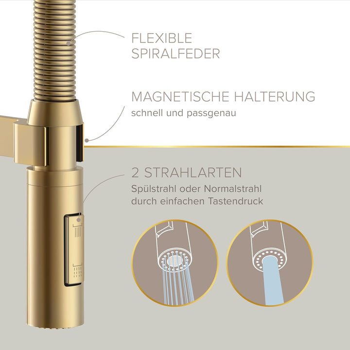 Lenz Küchenarmatur ALUNA in Gold - flexible Geschirrbrause mit 2 Strahlarten - Anti-Fingerabdruck Ob