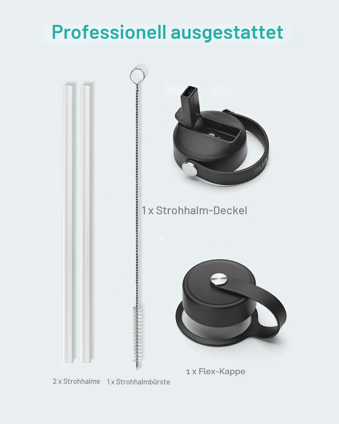 Edelstahl Trinkflasche mit Strohhalm, BUZIO Thermosflasche 680ml mit Strohhalmdeckel und Flexkappe k