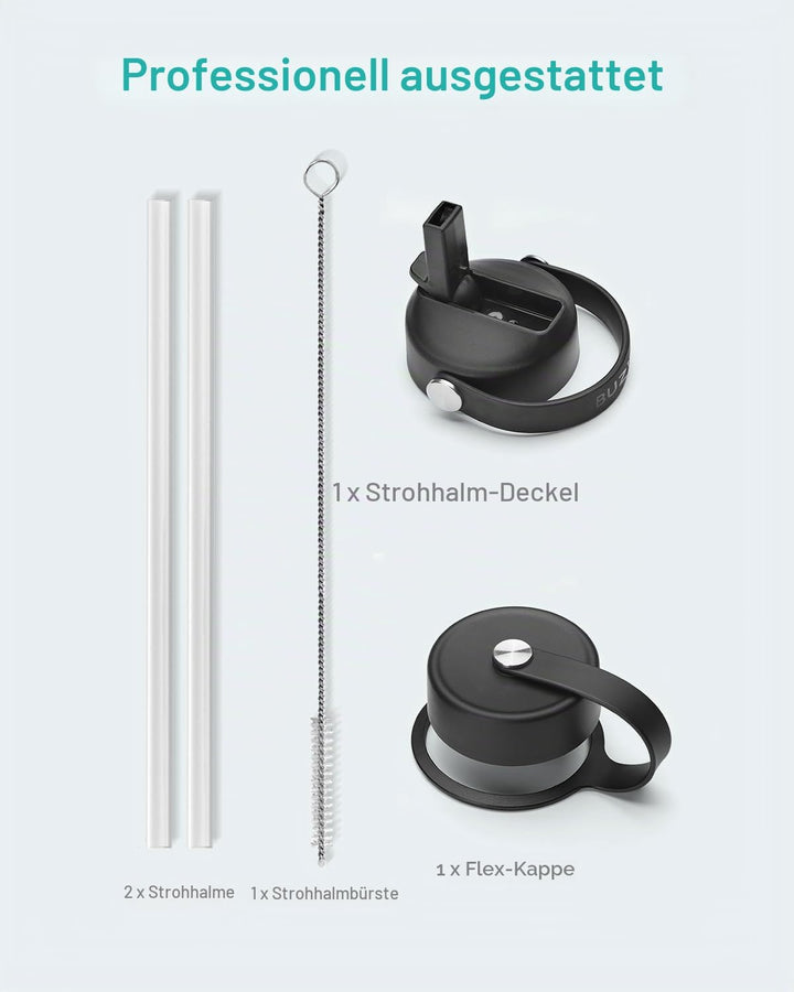 Edelstahl Trinkflasche mit Strohhalm, BUZIO Thermosflasche 680ml mit Strohhalmdeckel und Flexkappe k
