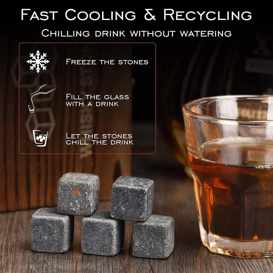 4-TLG Whisky Steine Set personalisiert - 9x Eiswürfel, 1x Holzkiste, 1x Zange und 1x Stoffbeutel - w