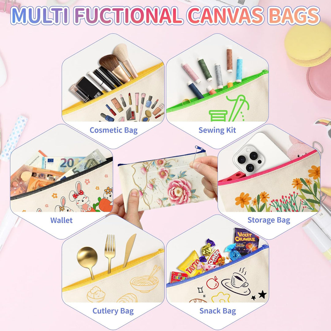 24 Stück DIY Stoff Federmäppchen, Leinwand Federmäppchen zum Bemalen, Mäppchen zum bemalen, 24 Bunts