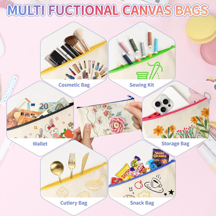 24 Stück DIY Stoff Federmäppchen, Leinwand Federmäppchen zum Bemalen, Mäppchen zum bemalen, 24 Bunts
