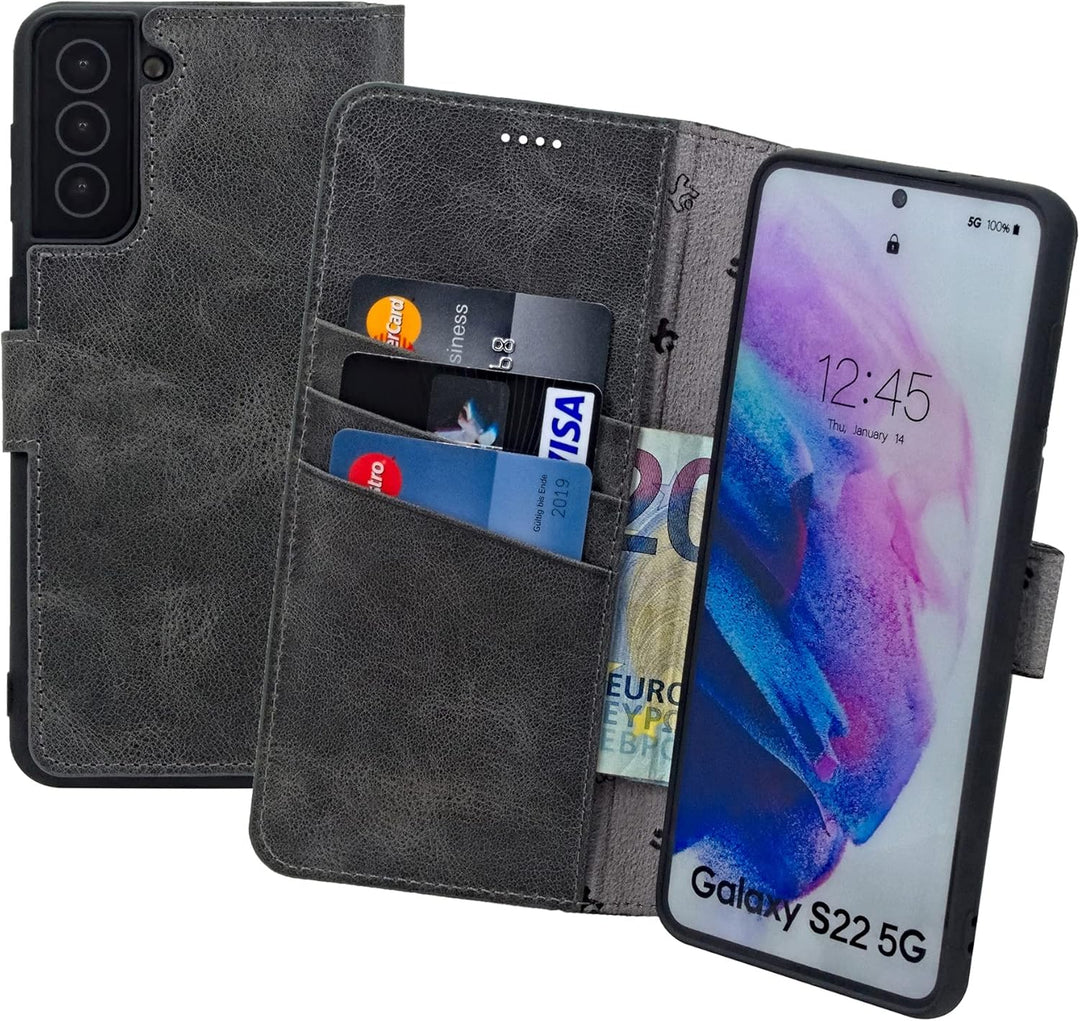 Suncase Book-Style Hülle kompatibel mit Samsung Galaxy S22 5G Leder Tasche (Slim-Fit) Lederhülle Han