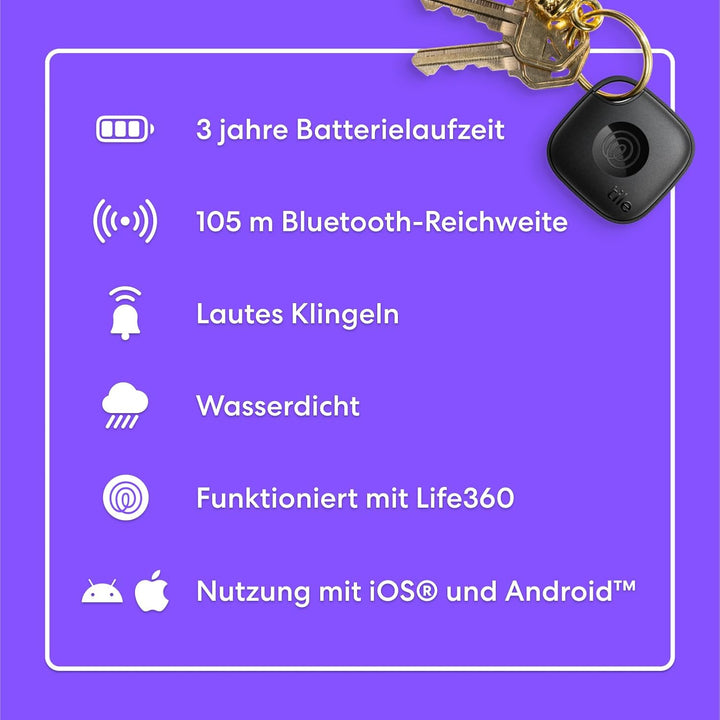 Tile by Life360 Mate (2024) – Bluetooth-Tracker, Schlüssel- und Gegenstandsfinder für Schlüssel, Tas