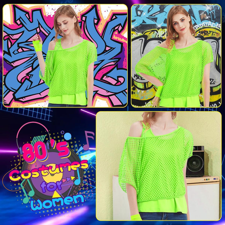 80er 90er Jahre Outfit Damen, Netzshirt, Tank top, Beinwärmer, Netzhandschuhe, Kostüm 80er Jahre Net