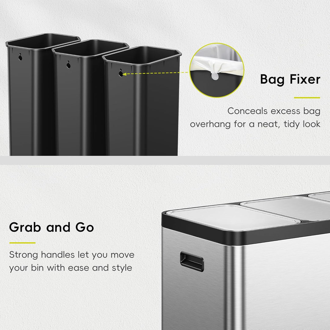 EKO EcoCasa Recycling Mülleimer 20L+20L+20L, Edelstahl 3 Fächer Mülleimer mit individuellen Pedalen