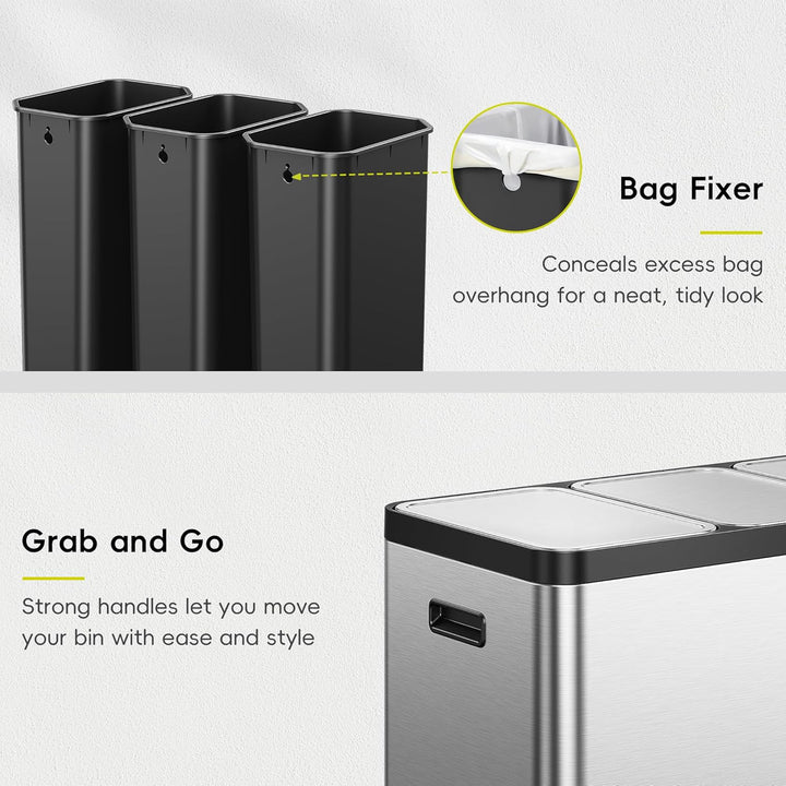 EKO EcoCasa Recycling Mülleimer 20L+20L+20L, Edelstahl 3 Fächer Mülleimer mit individuellen Pedalen