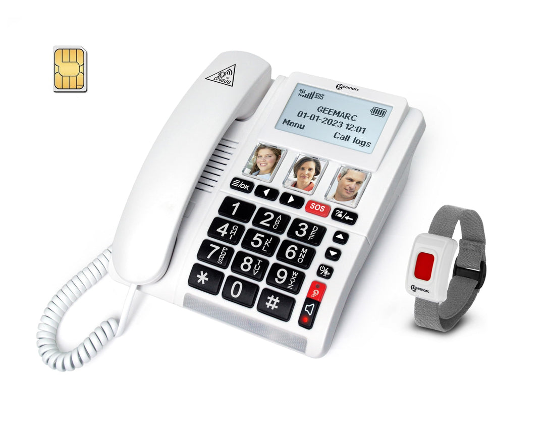 Geemarc CL9000 - Hausnotruf-Telefon und wasserdichtes SOS-Armband mit grossen Tasten, verstärkter La